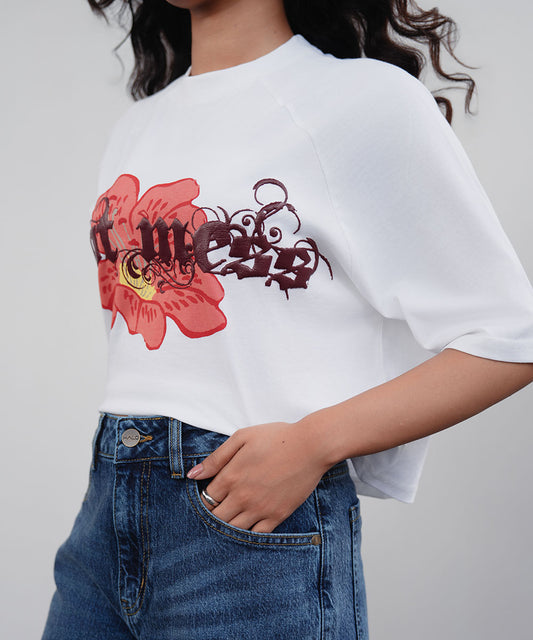 Printed White Cropped Tee