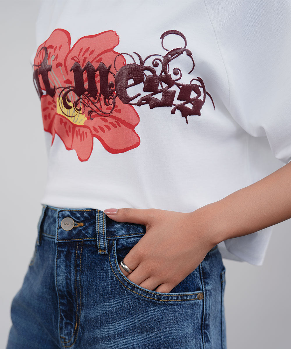 Printed White Cropped Tee