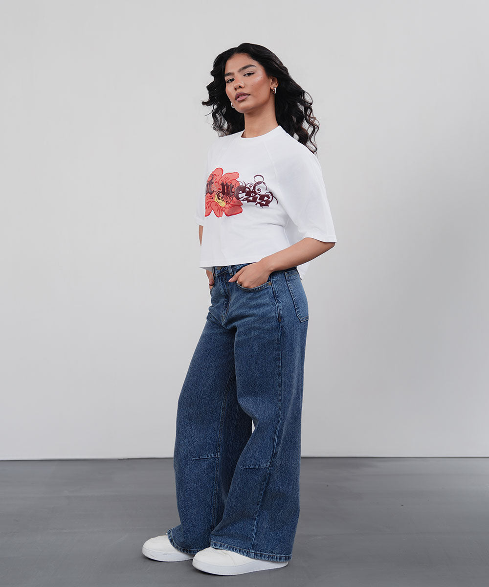 Printed White Cropped Tee