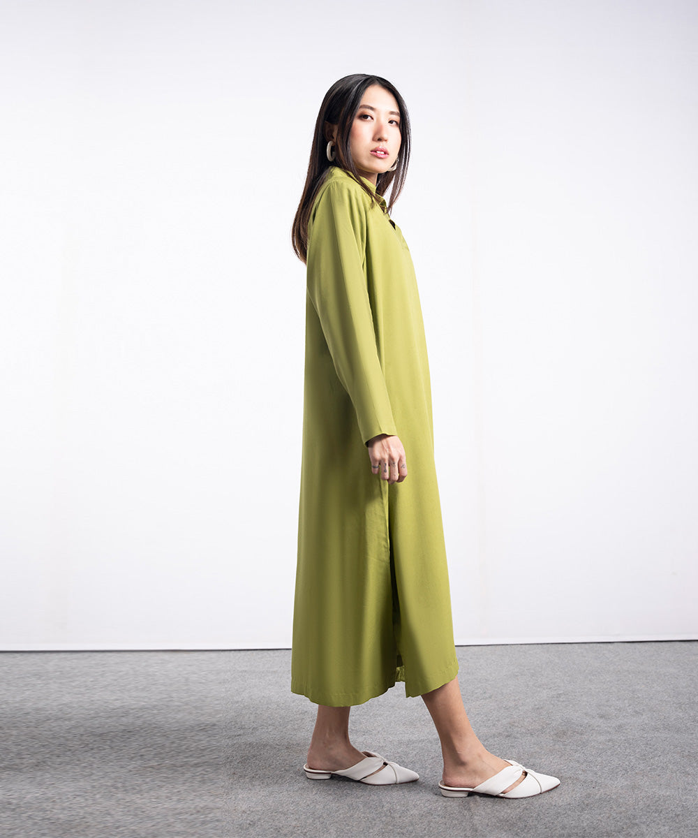 Parrot Green Dress With Collar Details