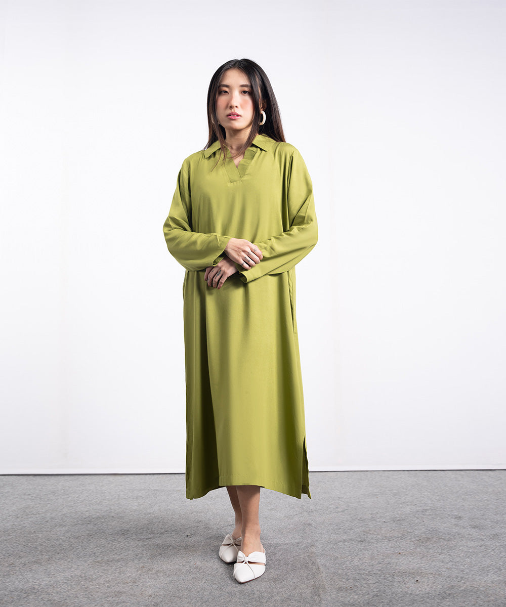 Parrot Green Dress With Collar Details