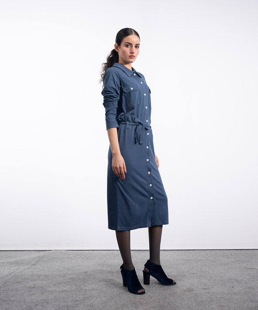 Classy Blue Front Open Dress - Halo Retail