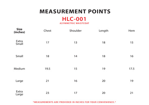 Size Chart for Asymmetric Waistcoat