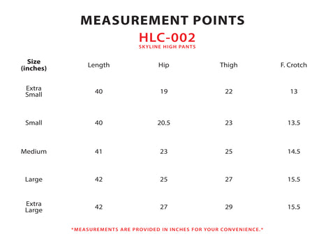 Size Chart for Skyline High Pants