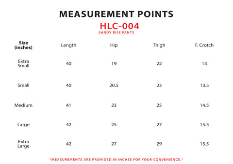 Size Chart for Sandy Rise Pants