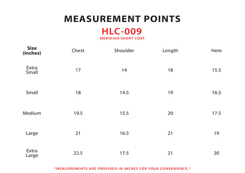 Size Chart for Meridian Short Coat