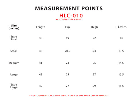 Size Chart for Tailored Edge Pants