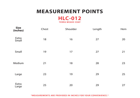 Size Chart for Terra Weave Coat