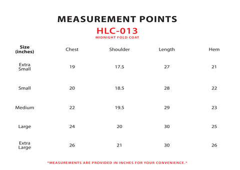 Size Chart for Midnight Fold Coat
