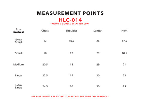 Size Chart for Tailored Double Breasted Coat