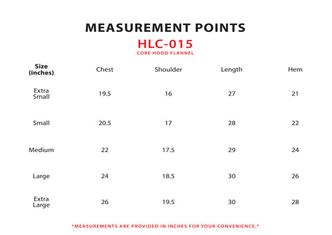 Size Chart for Core Hood Flannel