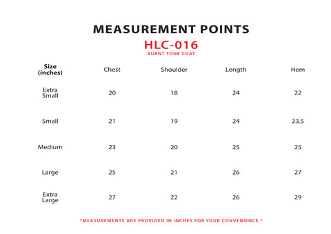 Size Chart for Burnt Tone Coat