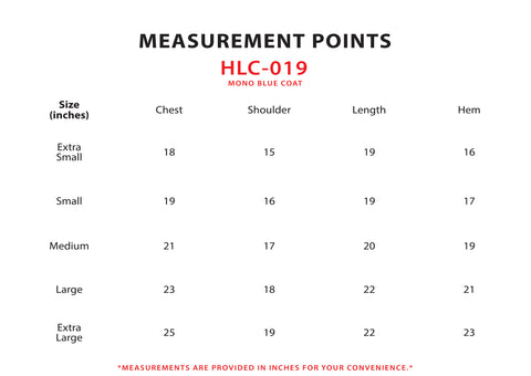 Size Chart for Mono Blue Coat