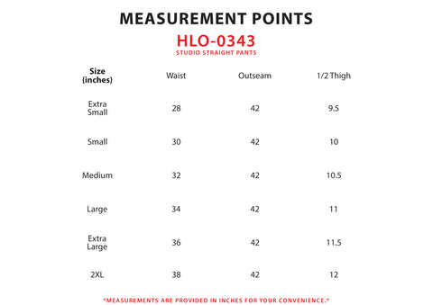 Size Chart for Studio Straight Pants