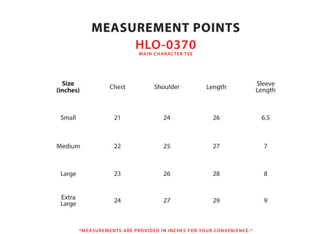 Size Chart for Main Character Tee