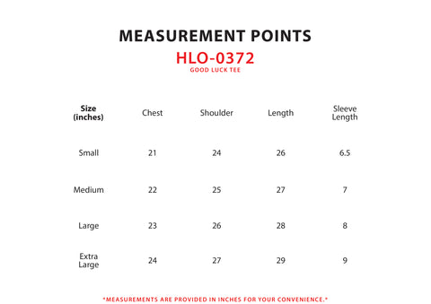 Size Chart for Good Luck Tee