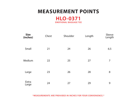 Size Chart for Emotional Baggage Tee
