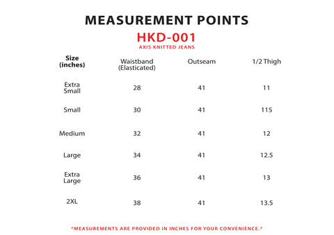 Size Chart for Axis Knitted Jeans
