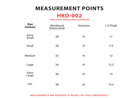 Size Chart for Lowlight Indigo Knitted Pants