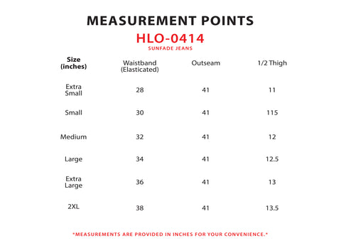 Size Chart for Sunfade Jean