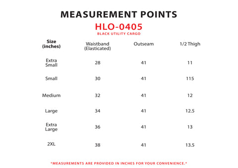 Size Chart for Black Utility Cargo