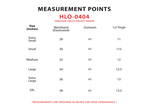 Size Chart for Heritage Patch Pocket Denim