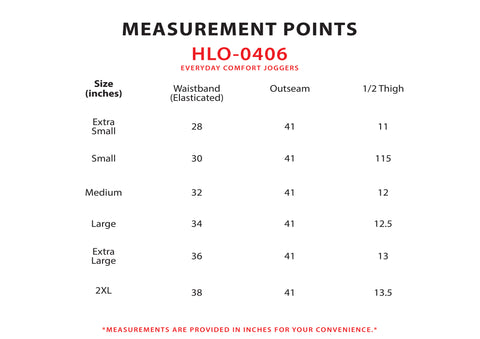 Size Chart for Everyday Comfort Jogger