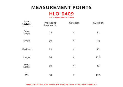 Size Chart for Drop Dark Wash Jeans