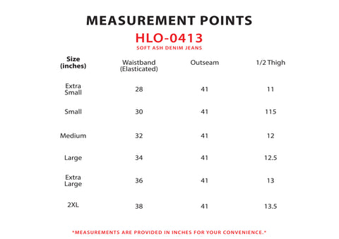 Size Chart for Soft Ash Denim Jean