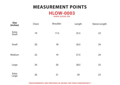 Size Chart for Verve Sleeve Top