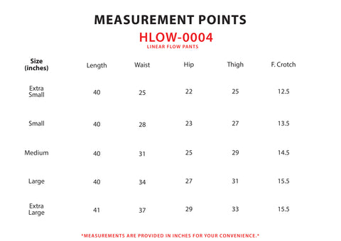 Size Chart for Linear Flow Pants