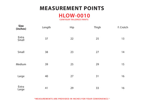 Size Chart for Contour Tailored Pants
