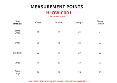 Size Chart for Lockneck Shirt