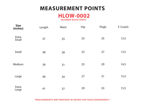 Size Chart for Tailored Black Pants