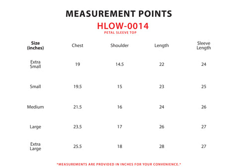Size Chart for Petal Sleeve Top
