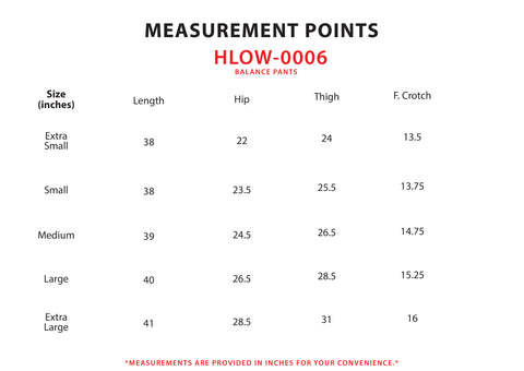 Size Chart for Balance Pants