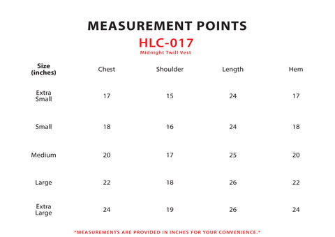 Size Chart for Midnight Twill Vest