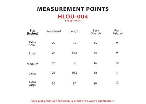 Size Chart for Street Pant