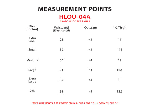 Size Chart for Shadow Jogger Pants