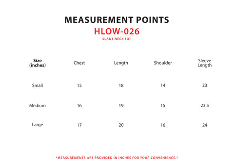Size Chart for Slant Neck Top
