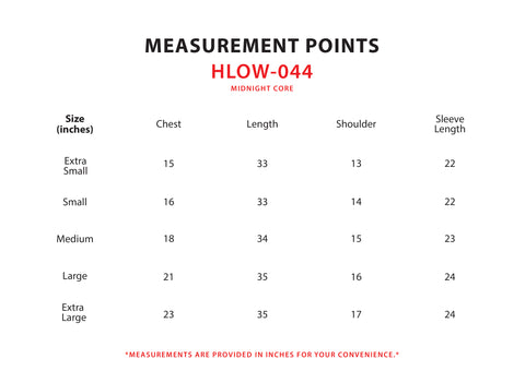 Size Chart for Midnight Core