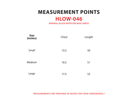 Size Chart for Minimal Black Bodycon Maxi Dress
