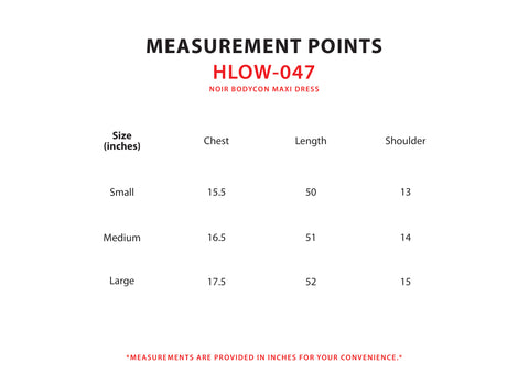 Size Chart for Noir Bodycon Maxi Dress