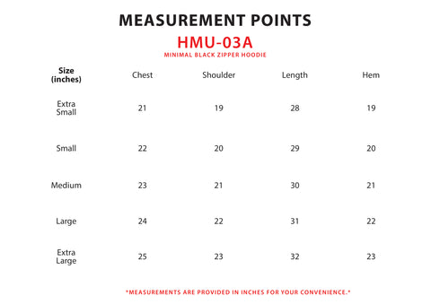 Size Chart for Minimal Black Zipper Hoodie (F)
