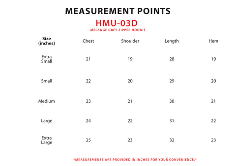 Size Chart for Melange Grey Zipper Hoodie