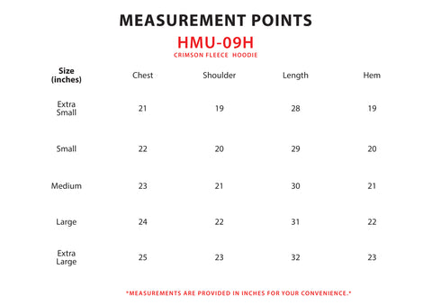 Size Chart for Crimson Fleece Hoodie (M)