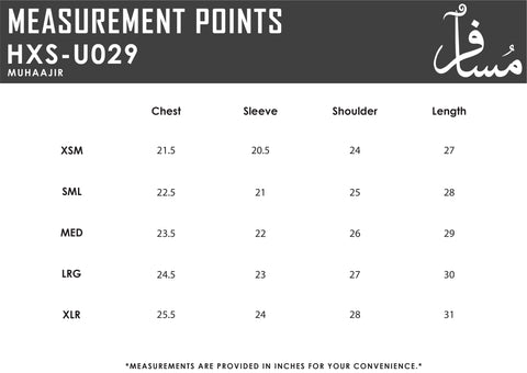 Size Chart for Muhaajir