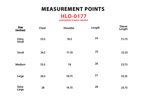 Size Chart for Oversized Fleece Hoodie