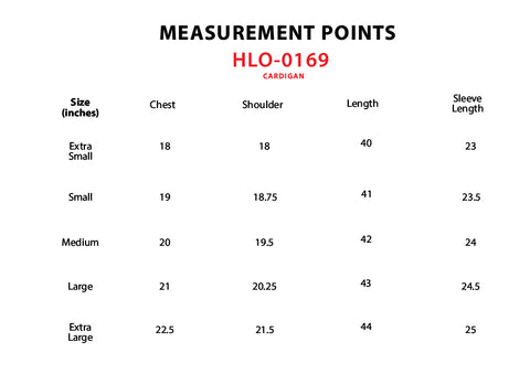 Size Chart for Cardigan