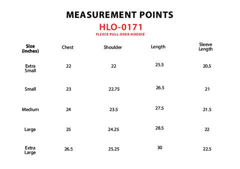 Size Chart for Fleece Pull-Over hoodie